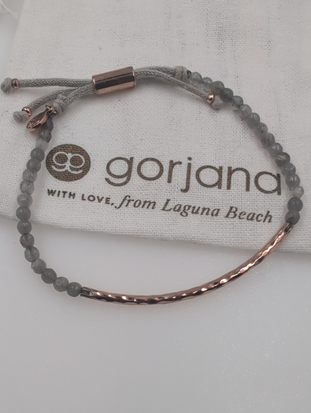 Gorjana Rose Gold Tone Labrodite Gray Stone & Hammered Bar Slider Bracelet m111